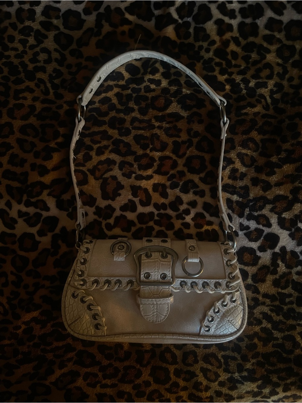 Women’s Silence + Noise Pearl White Leather Shoulder Bag with Buckle Detail